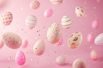 Fototapeta na wymiar Easter eggs with confetti on pink background. 3D rendering