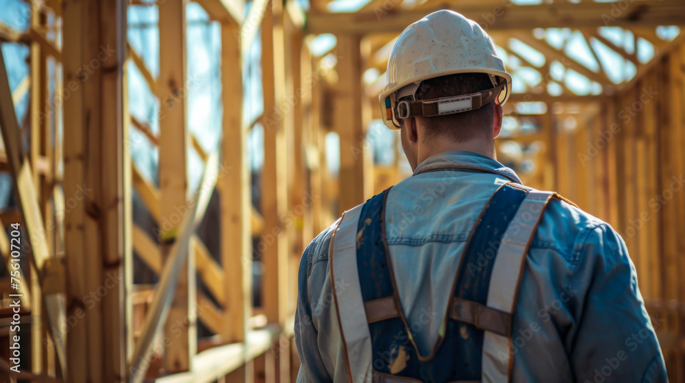 Aufkleber a construction worker wearing a hard hat stands in a large open space. the worker is looking up at t