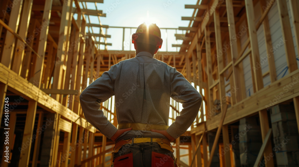 Aufkleber a construction worker wearing a hard hat stands in a large open space. the worker is looking up at t