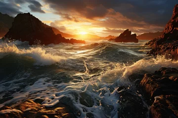 Gordijnen Scenic sunset over rocky beach with waves crashing under cloudy sky © 昱辰 董