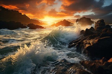 The ocean waves crash against the rocks under the colorful sunset sky