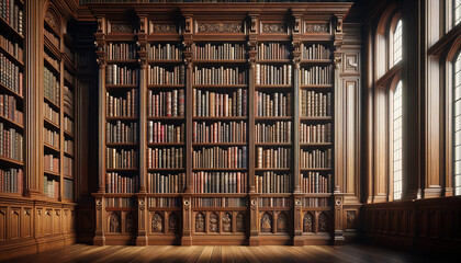 A wide angle view of a traditional wooden bookshelf in a classic library. Ai generative 
