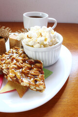 June Party Food. Brazilian food present in June Festival, Sweet peanut, popcorn and coffee cup.