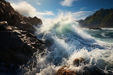 A powerful wave meets a rocky shoreline in a dramatic natural landscape