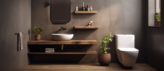 Modern bathroom with ceramic toilet bowl and wooden shelf