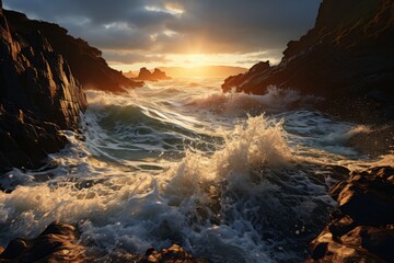 Sunset over ocean with waves crashing against rocks - obrazy, fototapety, plakaty