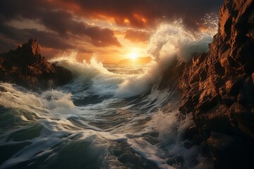 As the sun sets, clouds fill the sky and waves crash against the rocky shore - obrazy, fototapety, plakaty