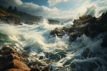 Wind waves crash against rocky shoreline under cloudy sky - obrazy, fototapety, plakaty