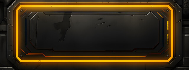 rectangular metal plate background with a black and yellow striped border