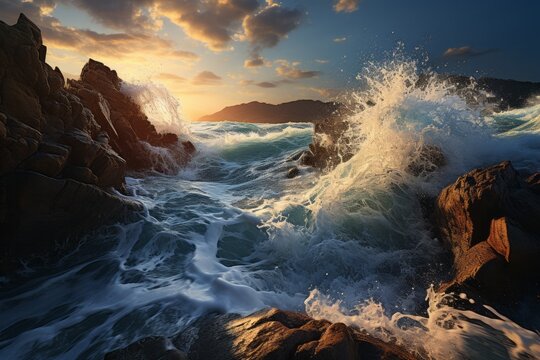 Water waves crash on rocks during sunset creating a stunning natural landscape