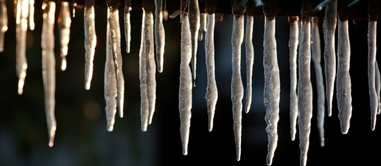 Icicles made of freezing water hang from the metal roof, resembling stalactites. Their transparent glasslike appearance adds a touch of elegance to the event
