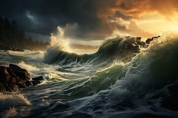 Sunlight glistens on a large wave crashing onto rocky shore at sunset