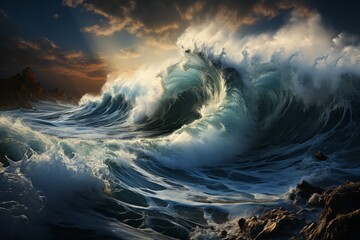 A powerful wind wave crashes into the rocky ocean landscape - obrazy, fototapety, plakaty