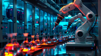 An automated robotic arm meticulously conducting experiments in a high-tech laboratory environment.