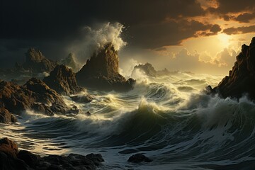 Dramatic sunset atmosphere over stormy ocean, waves crashing against rocks