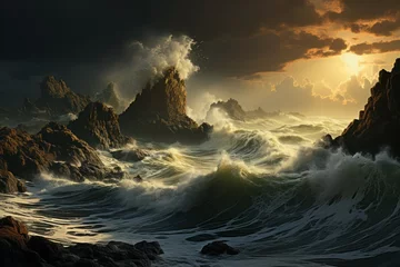 Muurstickers Dramatic sunset atmosphere over stormy ocean, waves crashing against rocks © 昱辰 董