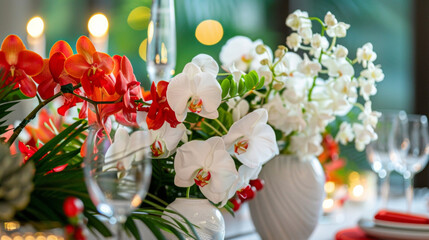 Fototapeta na wymiar As a symbol of purity and renewal the table is also decorated with white flowers such as orchids or chrysanthemums along with vibrant red flowers bringing an element of luck