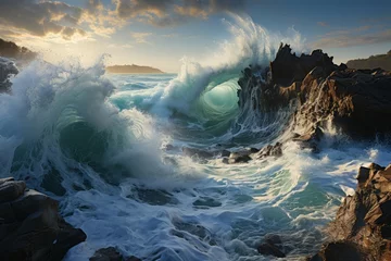 Fotobehang Wind wave collides with rocky shore in natural landscape © 昱辰 董