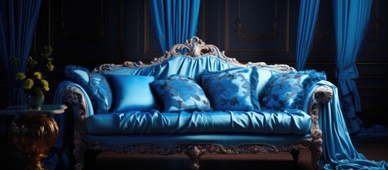 An electric blue couch is displayed in a dimly lit room with matching blue curtains, creating a serene atmosphere. The brand of the couch is not specified - obrazy, fototapety, plakaty
