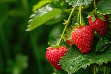 Mature strawberries on a branch surrounded by greenery