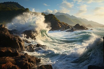 Water wave crashing on rocky shore, a natural landscape art - obrazy, fototapety, plakaty