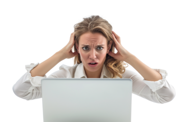 Distressed Blonde Businesswoman in White Shirt, Desperate and Afflicted in Front of Laptop - Transparent Background.