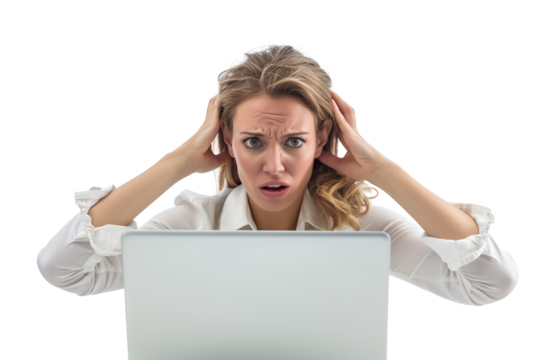 Distressed Blonde Businesswoman in White Shirt, Desperate and Afflicted in Front of Laptop - Transparent Background.