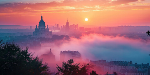 Majestic Sunrise over Paris with Foggy Cityscape and Silhouetted Buildings in Foreground - obrazy, fototapety, plakaty