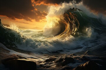 a large wave is crashing on a rocky shore at sunset - obrazy, fototapety, plakaty