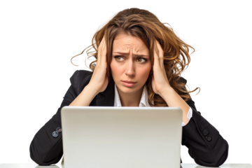 Exhausted Blonde Caucasian Businesswoman in Black Suit, Head in Hands in Front of Laptop - Stressed, Fatigued, and Discouraged on Transparent Background