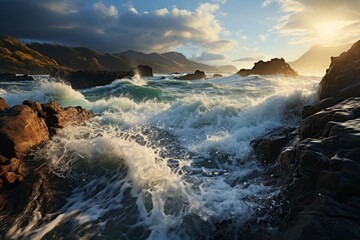 Water crashes on rocks at sunset, creating a stunning natural landscape