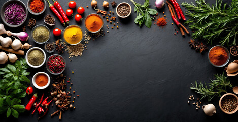 various spices, condiments, various vegetables on a black table board, empty in the middle, from a top view. cooking spice equipment - obrazy, fototapety, plakaty