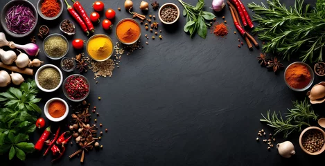 Poster various spices, condiments, various vegetables on a black table board, empty in the middle, from a top view. cooking spice equipment © budi