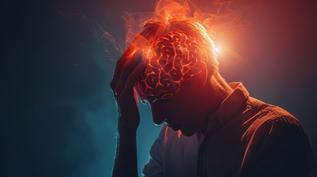 Brain diseases problem cause chronic severe headache migraine. Male adult look tired and stressed