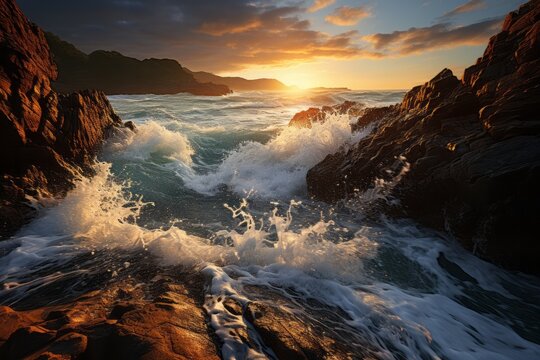 Water waves crash on rocks during sunset, painting the sky with vibrant colors