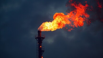 A flare stack burning off excess natural gas creating a bright flame and loud roaring noise. - obrazy, fototapety, plakaty