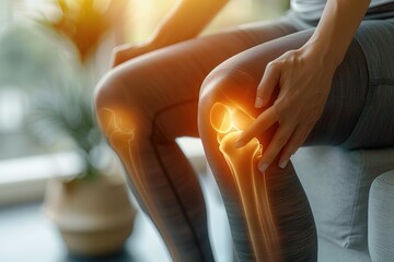 Health care concept. Woman suffering from pain in knee, closeup - obrazy, fototapety, plakaty