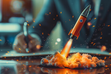 Rocket-Pen Soaring from Successful Businessman's Desk - Office Startup Concept, Thriving Business, Promising Future, and Soaring Ventures - obrazy, fototapety, plakaty