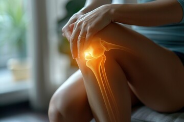 Health care concept. Woman suffering from pain in knee, closeup - obrazy, fototapety, plakaty