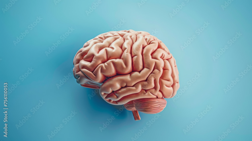 Poster a brain is shown in a close up on a blue background. the brain is pink and fuzzy, giving it a soft a