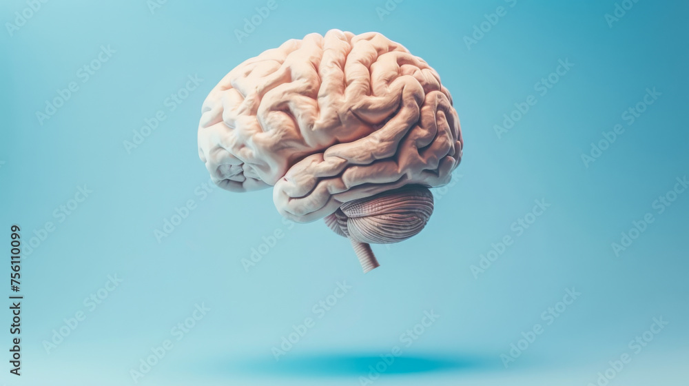 Poster a brain is shown in a close up on a blue background. the brain is pink and fuzzy, giving it a soft a
