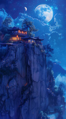 scenic view of  Asian Traditional house in the edge of rock mountains cliff  in the blue midnight with giant moon