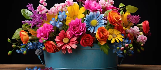 Plexiglas foto achterwand A beautiful bouquet of colorful flowers, including roses, in a blue bucket displayed on a table, perfect for decorating any event or space with a touch of nature © 2rogan