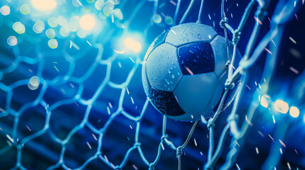 Naklejka premium A soccer ball is stuck in a net. Concept of excitement and anticipation for a soccer game.
