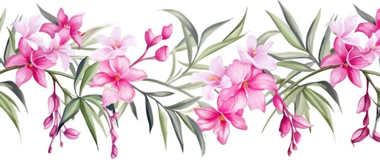 Fototapete Rund Tropical bamboo and pink flowers watercolor pattern on white backdrop. © Vusal