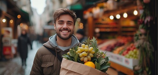 Young bearded happy man with paper package of vegetables groceries - 756110422