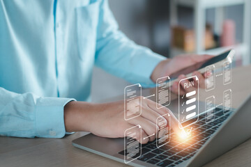 Planning task business and Online survey filling out digital form checklist. Document Management...