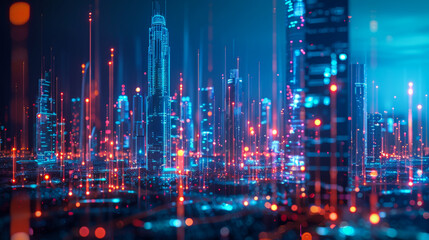 A cityscape with many buildings and lights. The lights are in different colors and are scattered throughout the scene. Scene is futuristic and vibrant. - obrazy, fototapety, plakaty