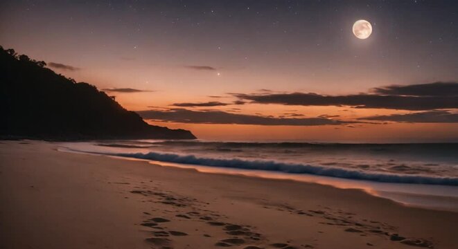 Picture a quiet beach at night, bathed in the soft glow of a full moon and countless stars. The rhythmic sound of gentle waves lapping against the shore harmonizes with the distant calls of nocturnal