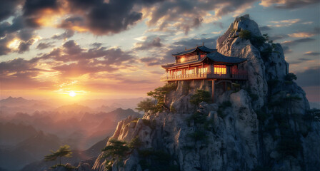 Scenic view of an Asian Traditional house in the edge of rock mountain cliff with sea of clouds at...